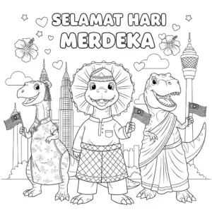 Dinosaurs wearing Malay, Chinese, and Indian traditional clothes celebrating Malaysia National Day. 恐龙穿上传统马来、华人与印度服装，庆祝马来西亚国庆日。