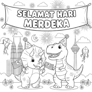 Dinosaurs waving the Malaysian flag with fireworks in the background. 恐龙挥舞马来西亚国旗，背景有烟花。