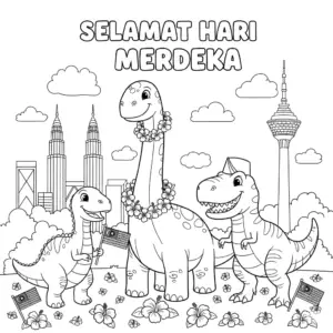 Dinosaurs waving the Malaysian flag with fireworks in the background. 恐龙挥舞马来西亚国旗，背景有烟花。