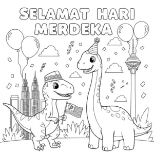 Dinosaurs waving the Malaysian flag with fireworks in the background. 恐龙挥舞马来西亚国旗，背景有烟花。