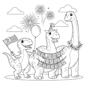 Dinosaurs waving the Malaysian flag with fireworks in the background. 恐龙挥舞马来西亚国旗，背景有烟花。
