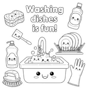 洗碗工具：水槽、洗碗液、手套、刷子、碗盘 dishwashing tools: sponge, soap, gloves, dish rack
