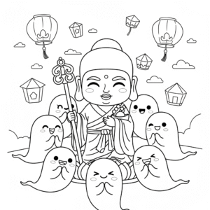 小鬼围绕菩萨填色图 Ghosts around Bodhisattva coloring page