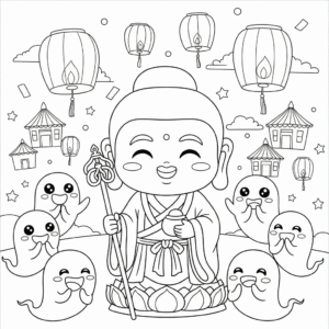 小鬼围绕菩萨填色图 Ghosts around Bodhisattva coloring page