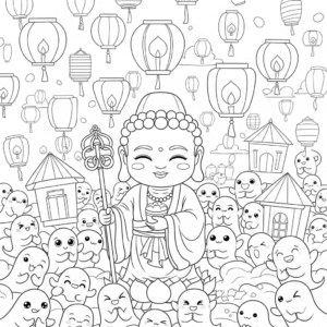 小鬼围绕菩萨填色图 Ghosts around Bodhisattva coloring page