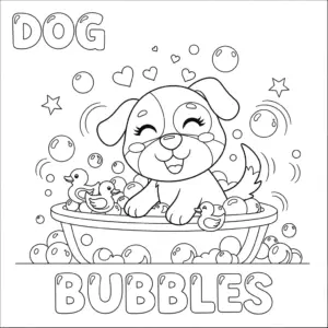 A happy dog sitting in a water basin with soap bubbles floating in the air.
