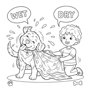 A dog shaking off water while a child wraps it in a towel. Caption: