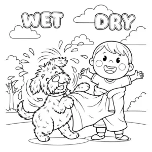 A dog shaking off water while a child wraps it in a towel. Caption: