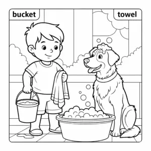 A child carrying a bucket and towel while walking toward a dog near a water basin.
