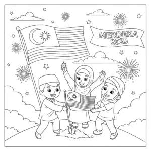 Family celebrate Merdeka day free coloring sheet. 一家人庆祝国庆日