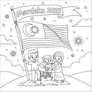 Family celebrate Merdeka day free coloring sheet. 一家人庆祝国庆日