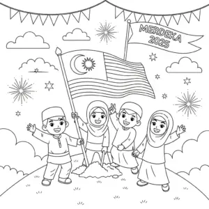 Family celebrate Merdeka day free coloring sheet. 一家人庆祝国庆日