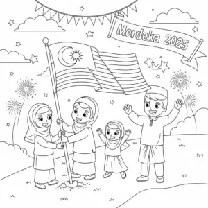 Family celebrate Merdeka day free coloring sheet. 一家人庆祝国庆日