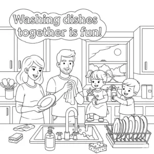 一家人一起洗碗 family washing dishes together at the sink