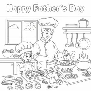 Father teaching son to chop vegetables in the kitchen