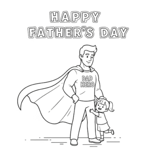 Father dressed as a superhero with child hugging his leg