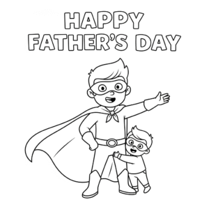Father dressed as a superhero with child hugging his leg