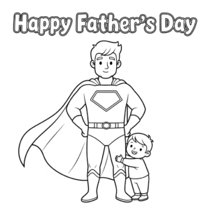 Father dressed as a superhero with child hugging his leg
