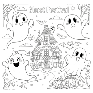 搞笑中元节小鬼飞在夜空提灯笼填色图 Funny ghost fly in the sky with lantern cartoon coloring sheet