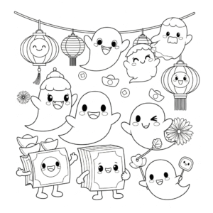 搞笑中元节小鬼飞在夜空提灯笼填色图 Funny ghost fly in the sky with lantern cartoon coloring sheet