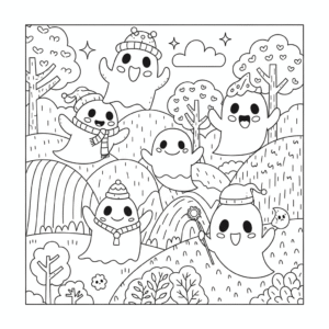 搞笑中元节小鬼飞在夜空提灯笼填色图 Funny ghost fly in the sky with lantern cartoon coloring sheet