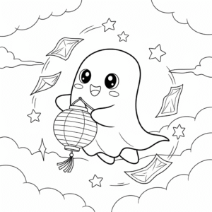 搞笑中元节小鬼飞在夜空提灯笼填色图 Funny ghost fly in the sky with lantern cartoon coloring sheet