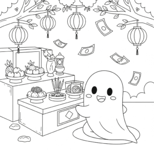 小鬼吃贡品填色图 Cute ghost with offerings coloring page