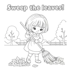 little girl sweeping fallen leaves with broom – 扫落叶的小女孩儿童涂色图