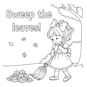 little girl sweeping fallen leaves with broom – 扫落叶的小女孩儿童涂色图