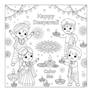 Indian family celebrate Deepavali 印度同胞庆祝屠妖节 free printable coloring sheet