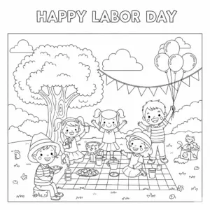 Happy Labor Day coloring page with smiling workers holding tools and celebrating