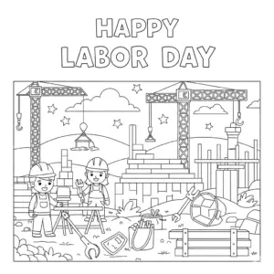 Happy Labor Day coloring page with smiling workers holding tools and celebrating