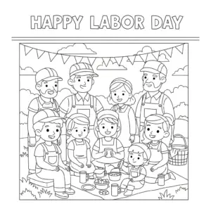 Happy Labor Day coloring page with smiling workers holding tools and celebrating
