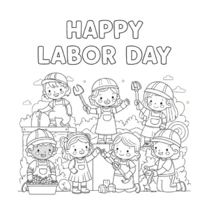 Happy Labor Day coloring page with smiling workers holding tools and celebrating