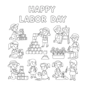 Happy Labor Day coloring page with smiling workers holding tools and celebrating