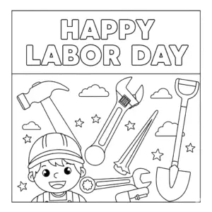 Happy Labor Day coloring page with smiling workers holding tools and celebrating