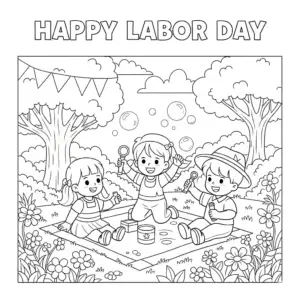 Happy Labor Day coloring page with smiling workers holding tools and celebrating