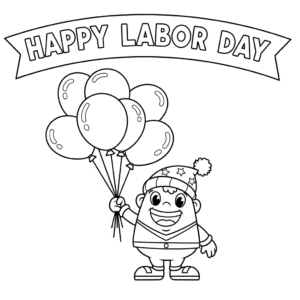 Happy Labor Day coloring page with smiling workers holding tools and celebrating