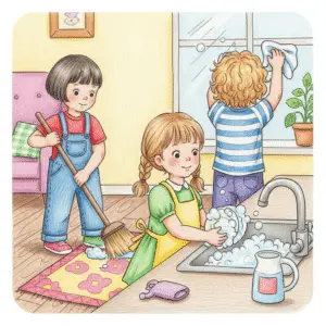 孩子做家务：洗碗、擦窗和扫地 | Kids doing chores: washing dishes, cleaning windows, and sweeping