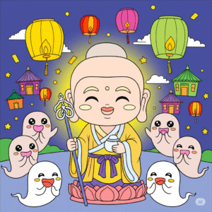 hungry ghost festival, cute ghosts around buddha, lantern
