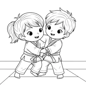 A kid practicing judo throw - printable coloring page儿童练习柔道动作的可打印填色图