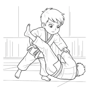 A kid practicing judo throw - printable coloring page儿童练习柔道动作的可打印填色图