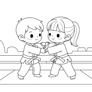 A kid practicing judo throw - printable coloring page儿童练习柔道动作的可打印填色图