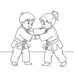 A kid practicing judo throw - printable coloring page儿童练习柔道动作的可打印填色图