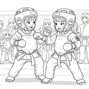 学员进行空手道对打训练Girls practice karate sparring, wearing karate uniform with full gears, coloring sheet