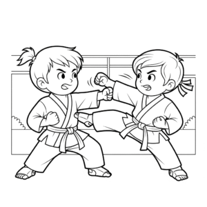 学员进行空手道对打训练Boys practice karate sparring, wearing karate uniform, coloring sheet