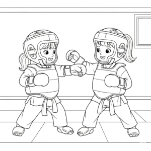 学员进行空手道对打训练Girls practice karate sparring, wearing karate uniform with full gears, coloring sheet