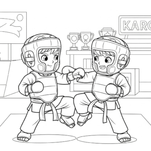学员进行空手道对打训练Boys practice karate sparring, wearing karate uniform with full gears, coloring sheet