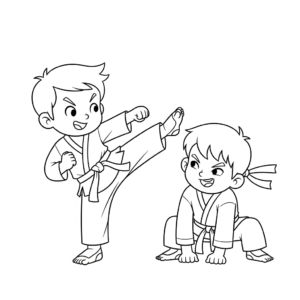 学员在训练空手道Boys practice karate, wearing karate uniform, coloring sheet
