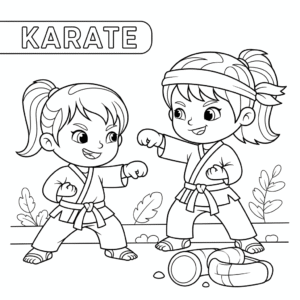 学员在训练空手道Girls practice karate, wearing karate uniform, coloring sheet